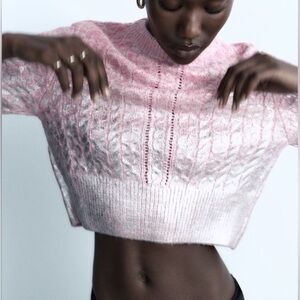 Zara Pink Metallic Cropped Cable Knit Sweater